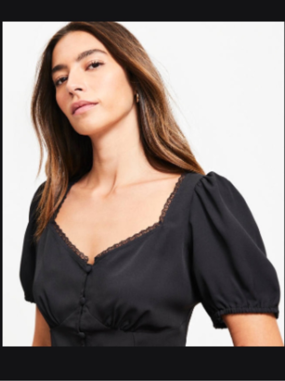 LOFT Black Puff Sleeve Button-Front Blouse